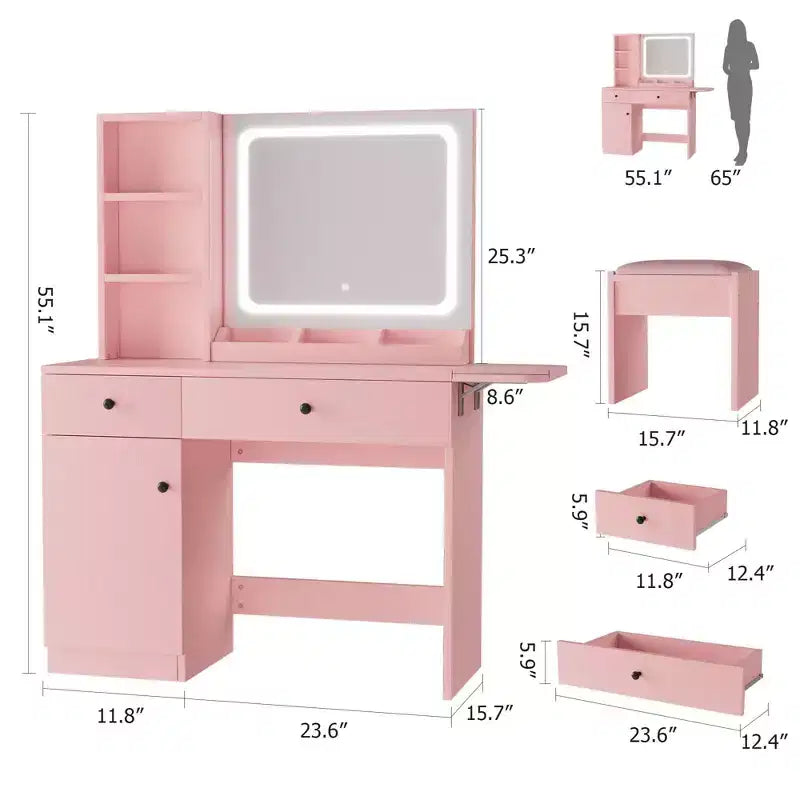 Makeup Vanity Desk with Mirror and Lights, Vanity Table Set with Drawer & Power Outlet & Chair & 3 Shelves, Bedroom