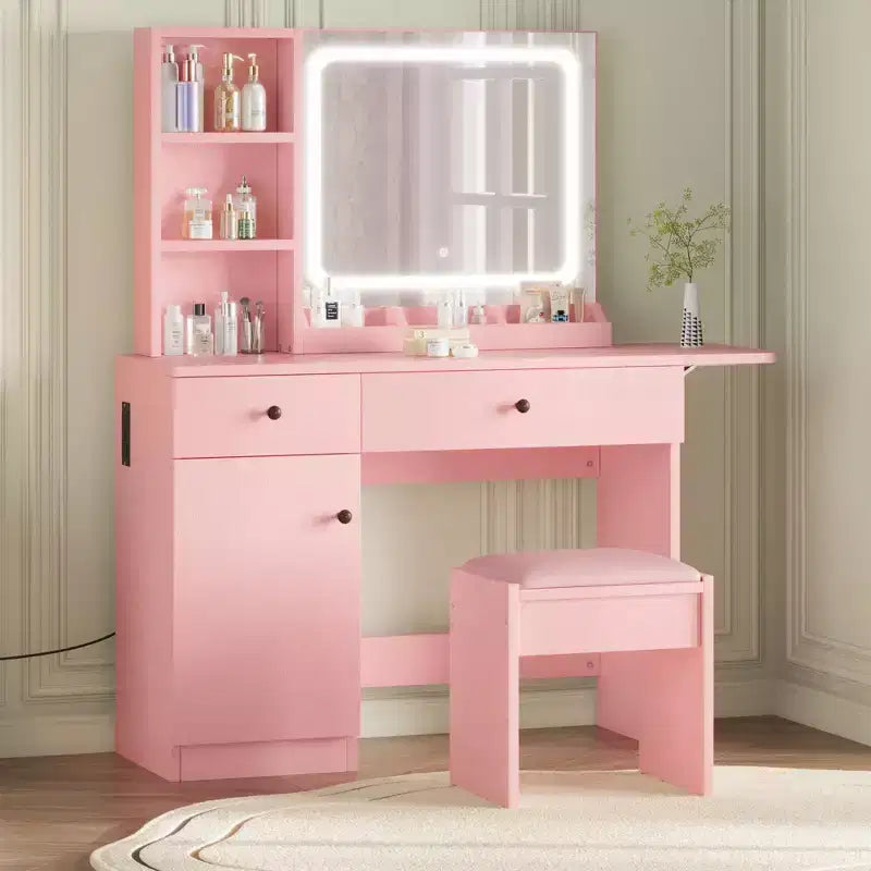 Makeup Vanity Desk with Mirror and Lights, Vanity Table Set with Drawer & Power Outlet & Chair & 3 Shelves, Bedroom