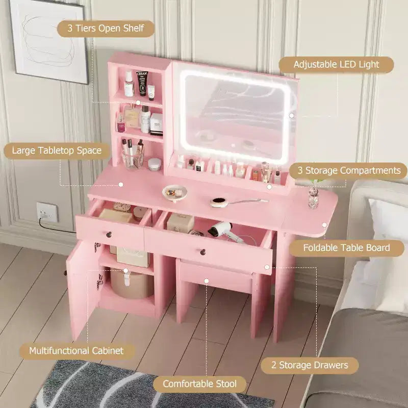 Makeup Vanity Desk with Mirror and Lights, Vanity Table Set with Drawer & Power Outlet & Chair & 3 Shelves, Bedroom