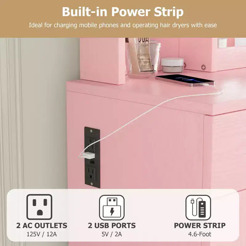 Makeup Vanity Desk with Mirror and Lights, Vanity Table Set with Drawer & Power Outlet & Chair & 3 Shelves, Bedroom