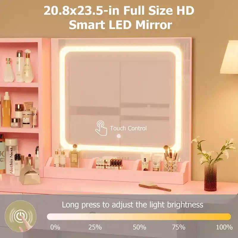 Makeup Vanity Desk with Mirror and Lights, Vanity Table Set with Drawer & Power Outlet & Chair & 3 Shelves, Bedroom