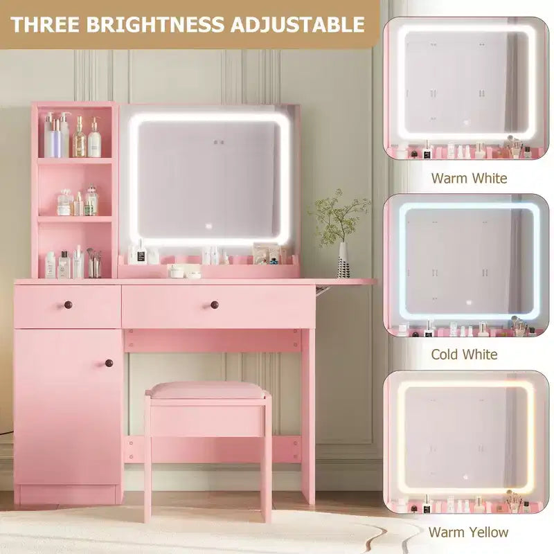 Makeup Vanity Desk with Mirror and Lights, Vanity Table Set with Drawer & Power Outlet & Chair & 3 Shelves, Bedroom