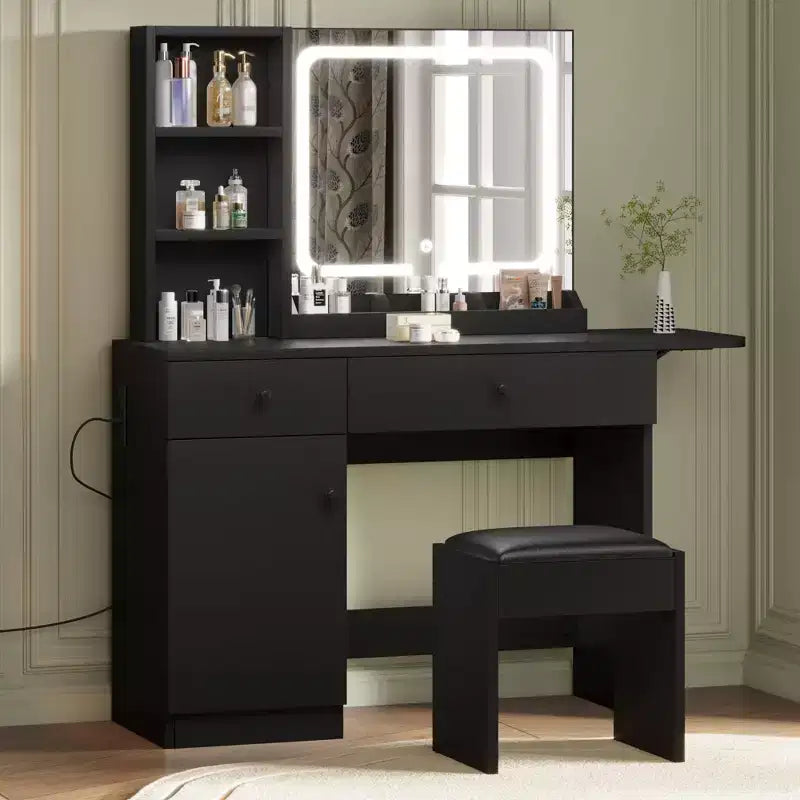 Makeup Vanity Desk with Mirror and Lights, Vanity Table Set with Drawer & Power Outlet & Chair & 3 Shelves, Bedroom