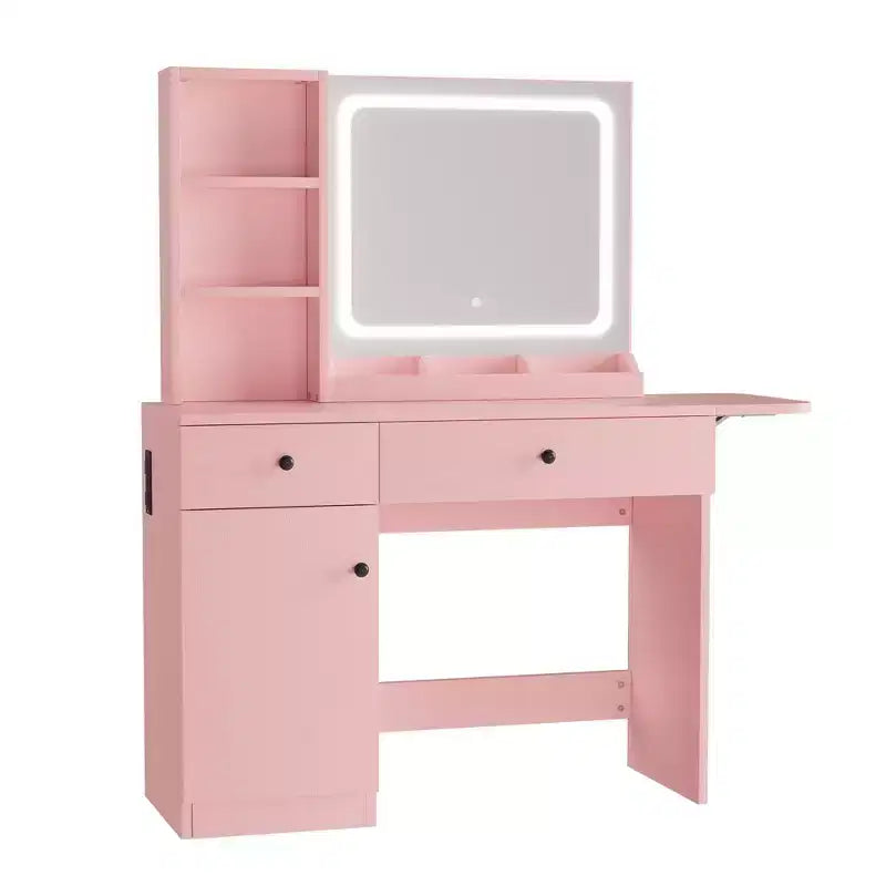 Makeup Vanity Desk with Mirror and Lights, Vanity Table Set with Drawer & Power Outlet & Chair & 3 Shelves, Bedroom