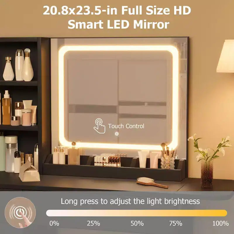 Makeup Vanity Desk with Mirror and Lights, Vanity Table Set with Drawer & Power Outlet & Chair & 3 Shelves, Bedroom