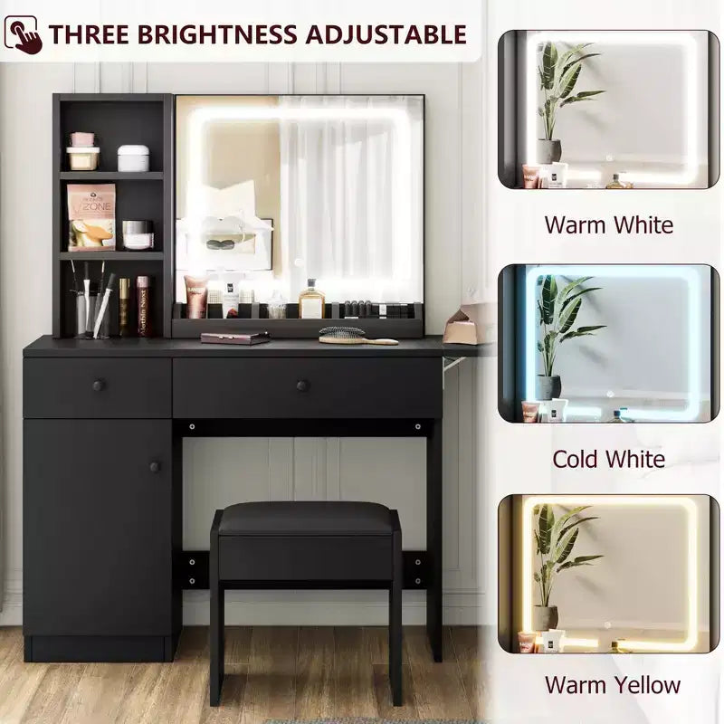 Makeup Vanity Desk with Mirror and Lights, Vanity Table Set with Drawer & Power Outlet & Chair & 3 Shelves, Bedroom