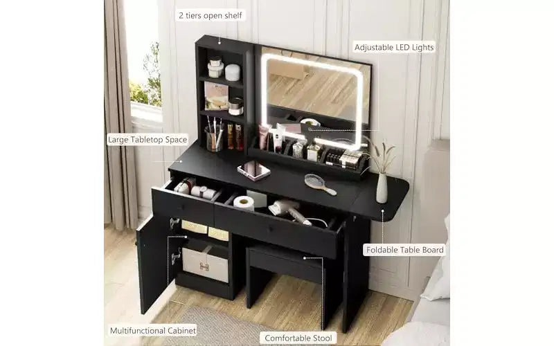 Makeup Vanity Desk with Mirror and Lights, Vanity Table Set with Drawer & Power Outlet & Chair & 3 Shelves, Bedroom