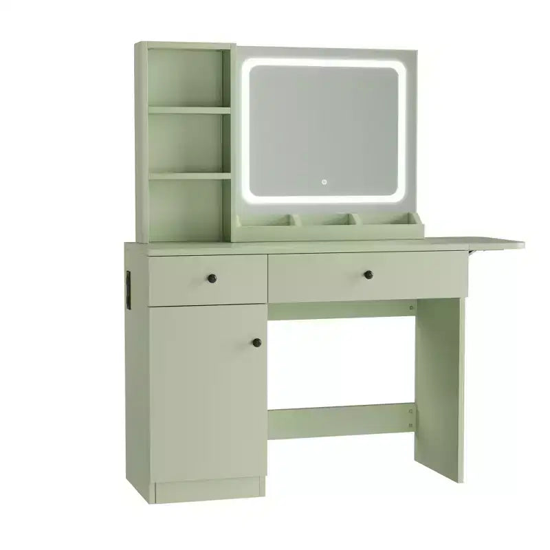 Makeup Vanity Desk with Mirror and Lights, Vanity Table Set with Drawer & Power Outlet & Chair & 3 Shelves, Bedroom
