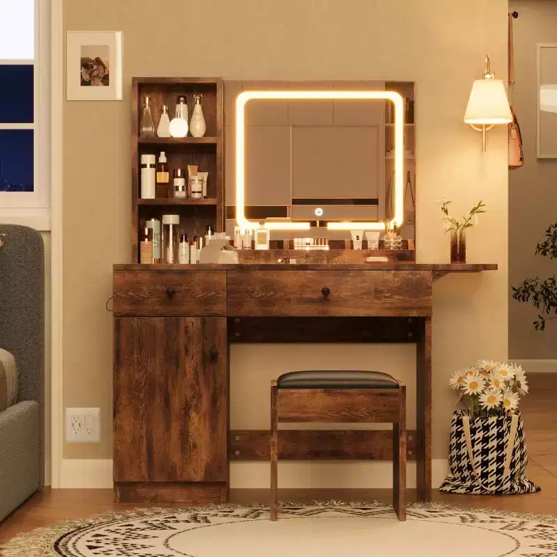 Makeup Vanity Desk with Mirror and Lights, Vanity Table Set with Drawer & Power Outlet & Chair & 3 Shelves, Bedroom
