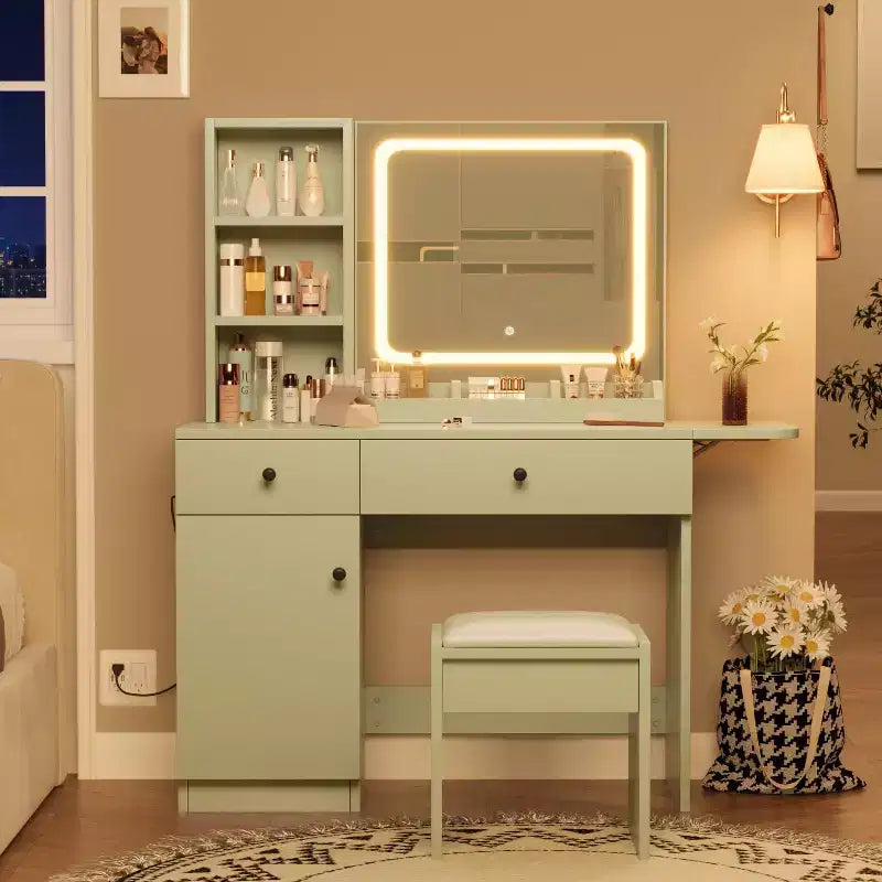 Makeup Vanity Desk with Mirror and Lights, Vanity Table Set with Drawer & Power Outlet & Chair & 3 Shelves, Bedroom
