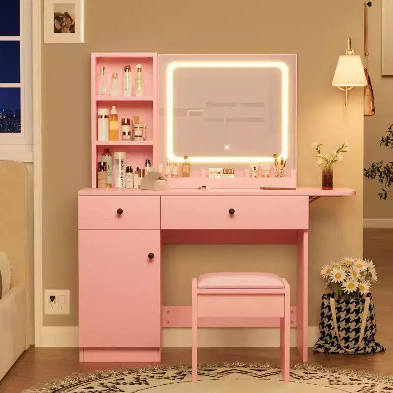 Makeup Vanity Desk with Mirror and Lights, Vanity Table Set with Drawer & Power Outlet & Chair & 3 Shelves, Bedroom