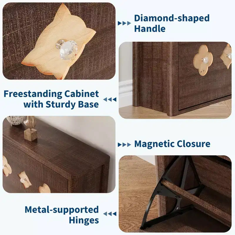 Shoe Storage Cabinet with Adjustable Shelves, Flower Pattern & Diamond Handle, Freestanding Slim Shoe Storage