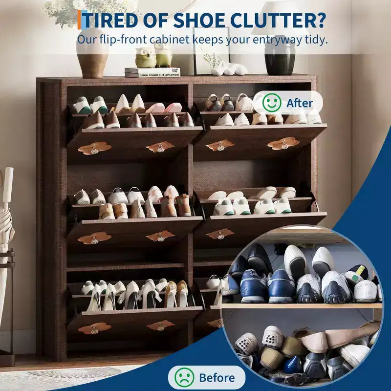Shoe Storage Cabinet with Adjustable Shelves, Flower Pattern & Diamond Handle, Freestanding Slim Shoe Storage