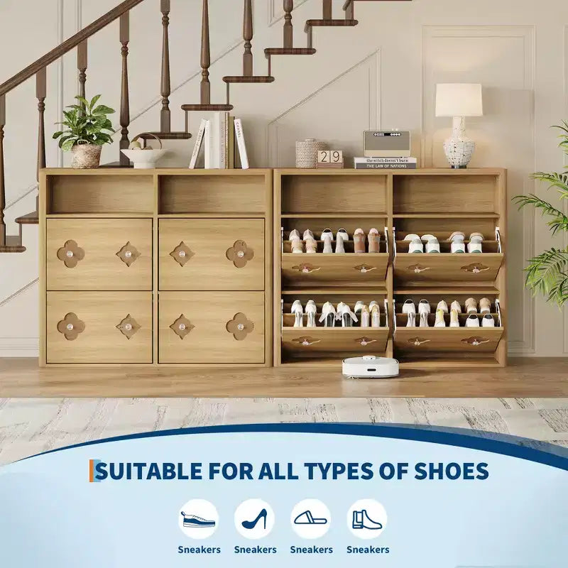 Shoe Storage Cabinet with Adjustable Shelves, Flower Pattern & Diamond Handle, Freestanding Slim Shoe Storage