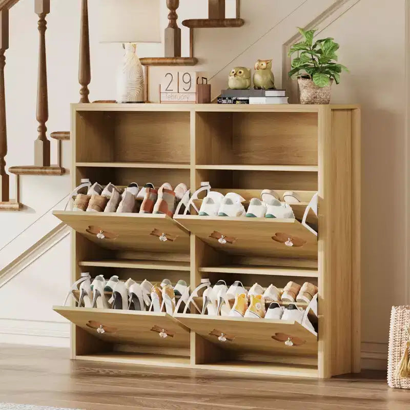 Shoe Storage Cabinet with Adjustable Shelves, Flower Pattern & Diamond Handle, Freestanding Slim Shoe Storage