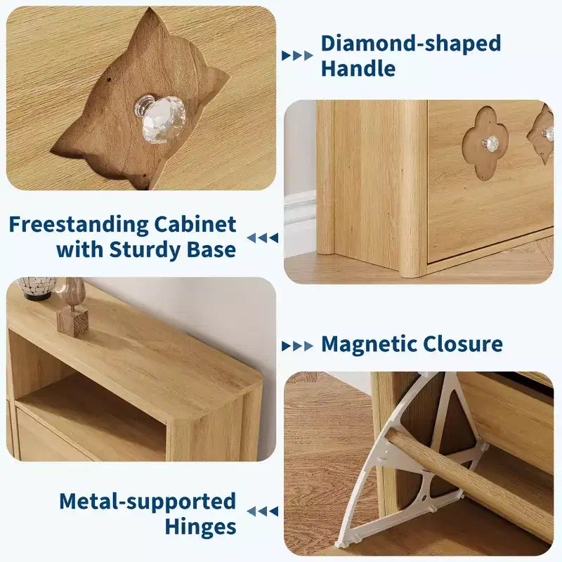 Shoe Storage Cabinet with Adjustable Shelves, Flower Pattern & Diamond Handle, Freestanding Slim Shoe Storage