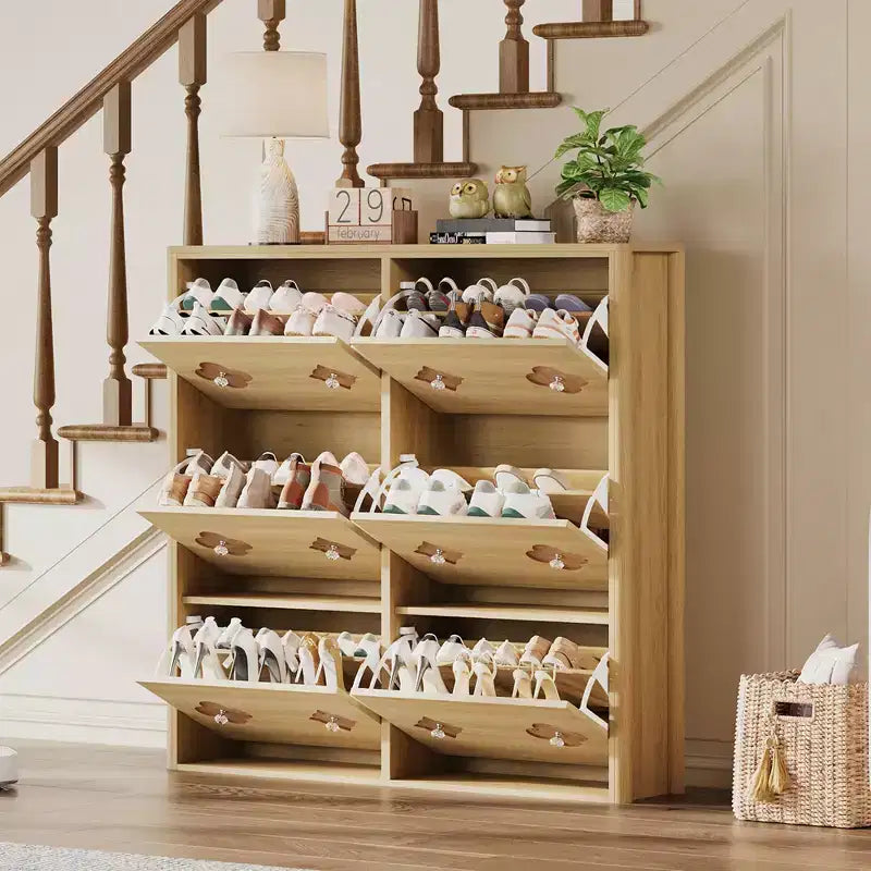 Shoe Storage Cabinet with Adjustable Shelves, Flower Pattern & Diamond Handle, Freestanding Slim Shoe Storage