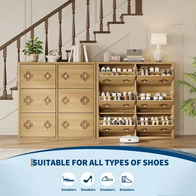 Shoe Storage Cabinet with Adjustable Shelves, Flower Pattern & Diamond Handle, Freestanding Slim Shoe Storage