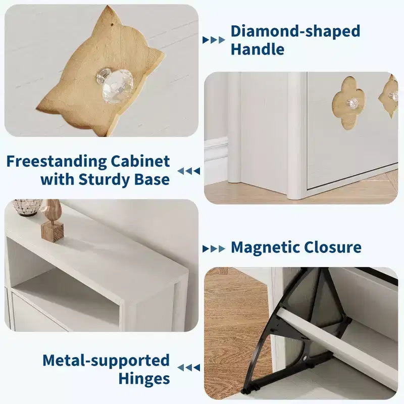 Shoe Storage Cabinet with Adjustable Shelves, Flower Pattern & Diamond Handle, Freestanding Slim Shoe Storage