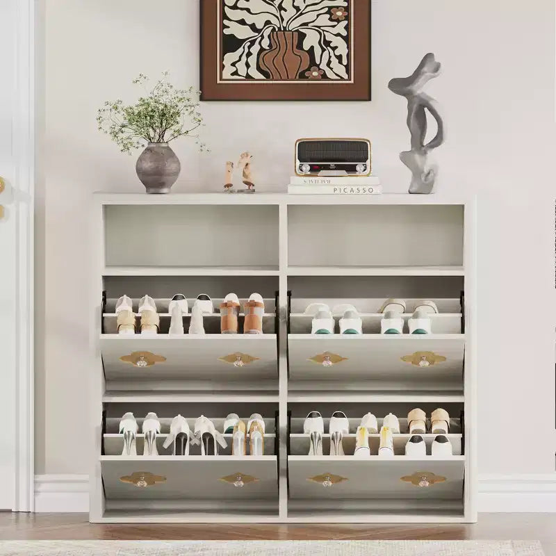 Shoe Storage Cabinet with Adjustable Shelves, Flower Pattern & Diamond Handle, Freestanding Slim Shoe Storage