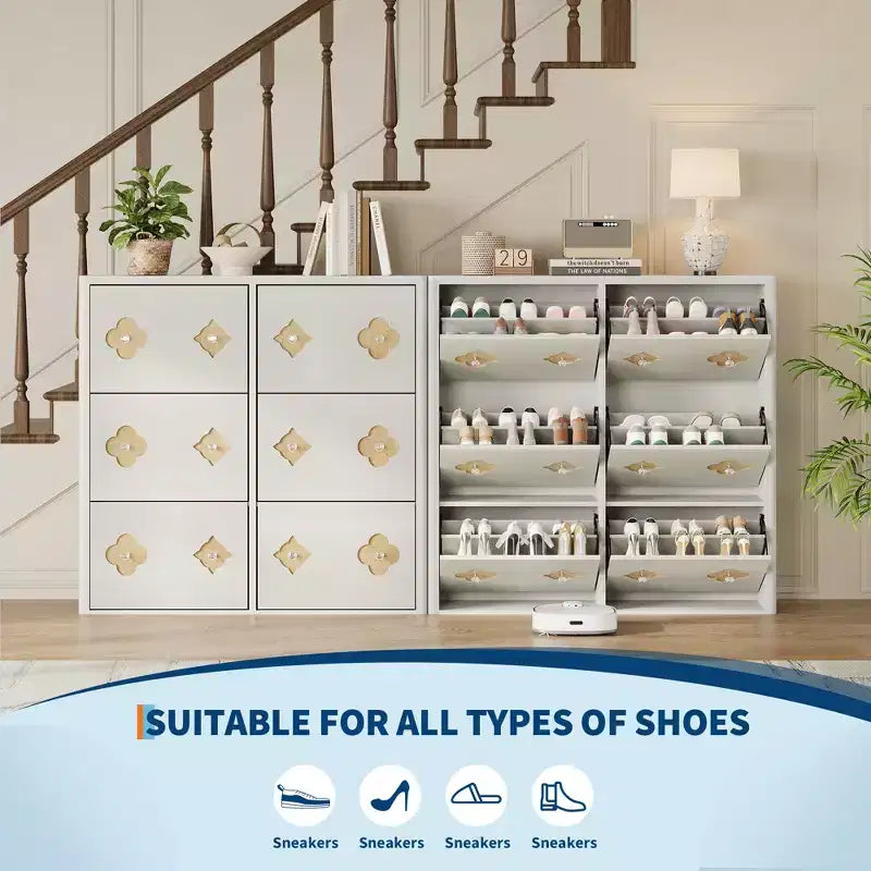 Shoe Storage Cabinet with Adjustable Shelves, Flower Pattern & Diamond Handle, Freestanding Slim Shoe Storage