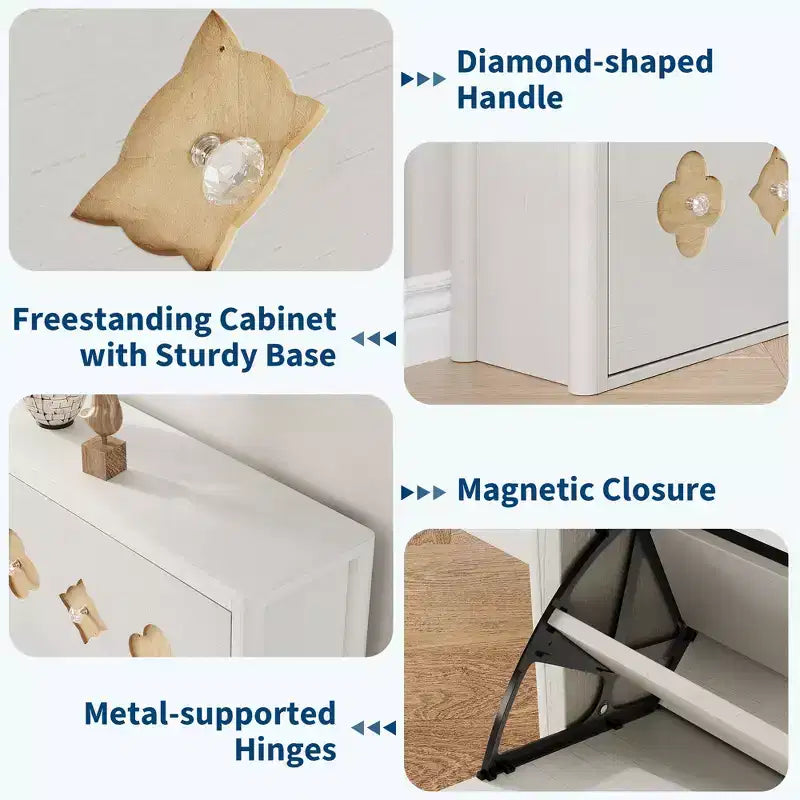 Shoe Storage Cabinet with Adjustable Shelves, Flower Pattern & Diamond Handle, Freestanding Slim Shoe Storage