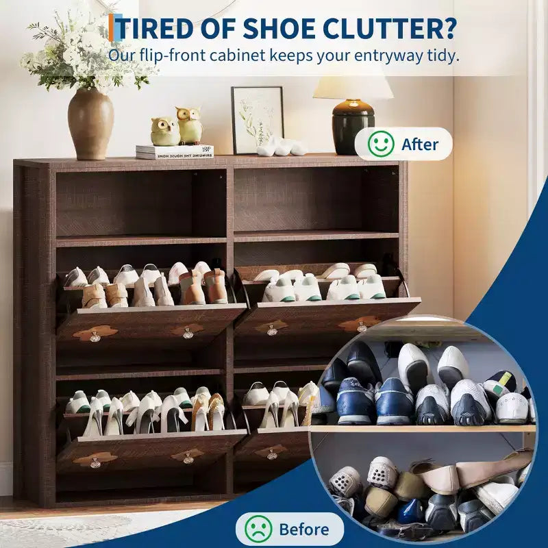 Shoe Storage Cabinet with Adjustable Shelves, Flower Pattern & Diamond Handle, Freestanding Slim Shoe Storage