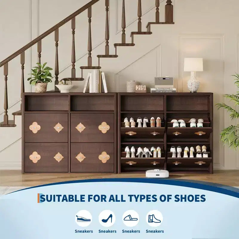 Shoe Storage Cabinet with Adjustable Shelves, Flower Pattern & Diamond Handle, Freestanding Slim Shoe Storage