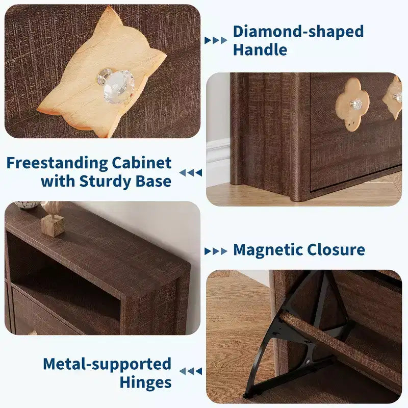 Shoe Storage Cabinet with Adjustable Shelves, Flower Pattern & Diamond Handle, Freestanding Slim Shoe Storage