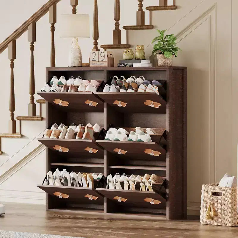 Shoe Storage Cabinet with Adjustable Shelves, Flower Pattern & Diamond Handle, Freestanding Slim Shoe Storage