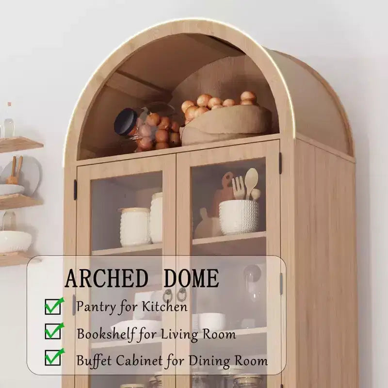 71 Tall Arched Cabinet with Storage, Kitchen Pantry Cabinet, , 6-Shelf Wood Storage Cabinet with Rattan Door and Drawer