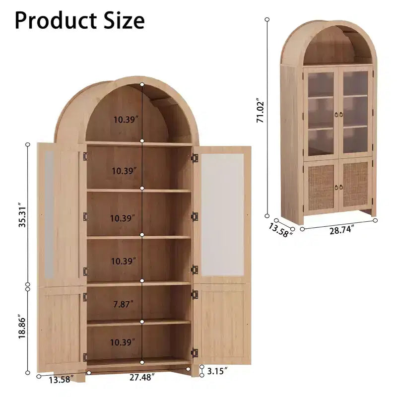 71 Tall Arched Cabinet with Storage, Kitchen Pantry Cabinet, , 6-Shelf Wood Storage Cabinet with Rattan Door and Drawer