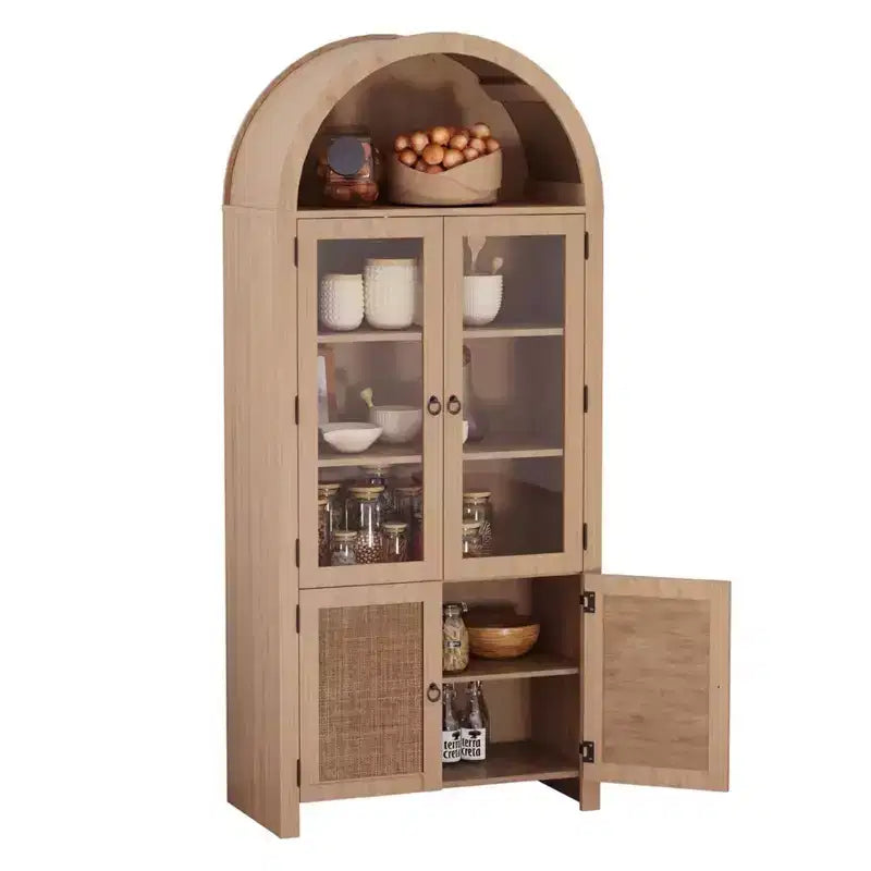 71 Tall Arched Cabinet with Storage, Kitchen Pantry Cabinet, , 6-Shelf Wood Storage Cabinet with Rattan Door and Drawer