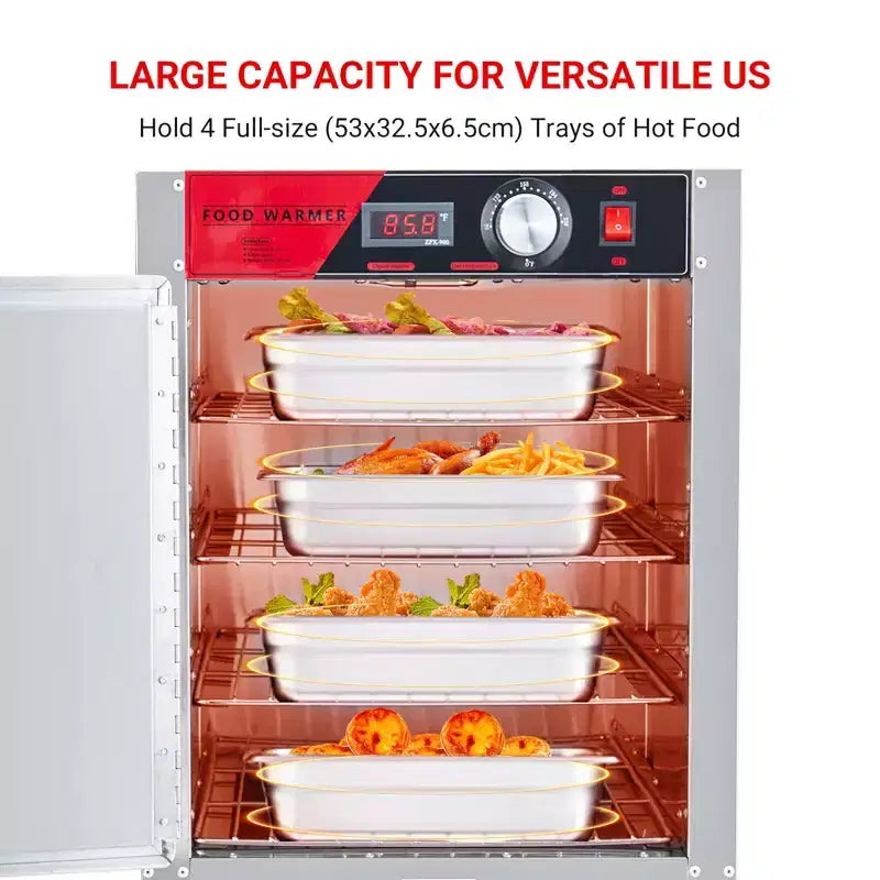 4-Tier Hot Box Food Warmer, 850W Stainless Steel Heated Cabinet with Water Tray, Fits 1/1 Pans, Commercial Proofing Cabinetfor Pizza, Chicken, Pastry