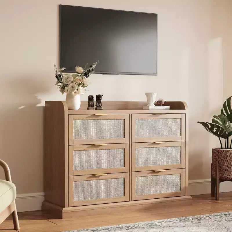 6 Drawer Dresser, Rattan Chest of Dressers with Ample Storage,Boho Chest of Drawers, Dresser Chest for Living Room/Closet/Bedroom, Brown