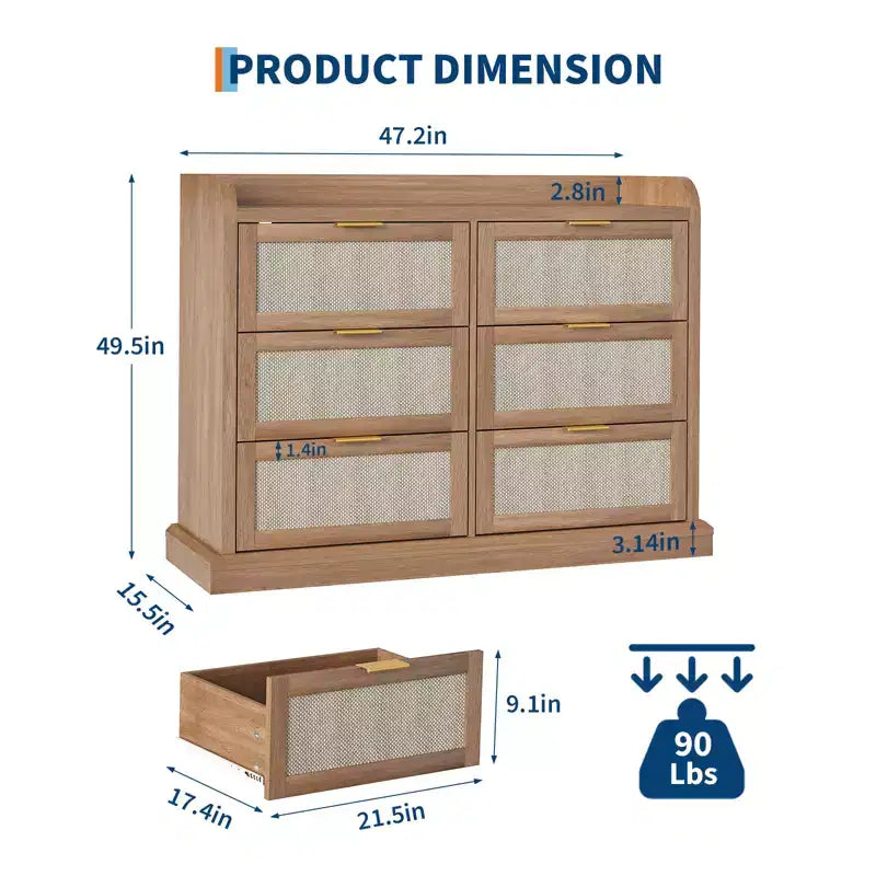 6 Drawer Dresser, Rattan Chest of Dressers with Ample Storage,Boho Chest of Drawers, Dresser Chest for Living Room/Closet/Bedroom, Brown
