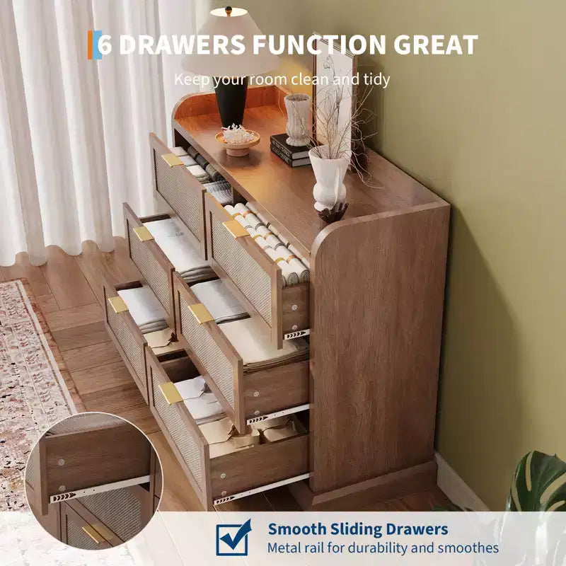 6 Drawer Dresser, Rattan Chest of Dressers with Ample Storage,Boho Chest of Drawers, Dresser Chest for Living Room/Closet/Bedroom, Brown