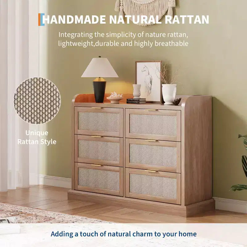 6 Drawer Dresser, Rattan Chest of Dressers with Ample Storage,Boho Chest of Drawers, Dresser Chest for Living Room/Closet/Bedroom, Brown