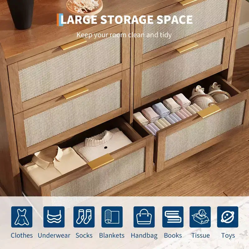 6 Drawer Dresser, Rattan Chest of Dressers with Ample Storage,Boho Chest of Drawers, Dresser Chest for Living Room/Closet/Bedroom, Brown