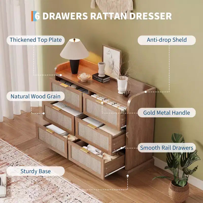 6 Drawer Dresser, Rattan Chest of Dressers with Ample Storage,Boho Chest of Drawers, Dresser Chest for Living Room/Closet/Bedroom, Brown