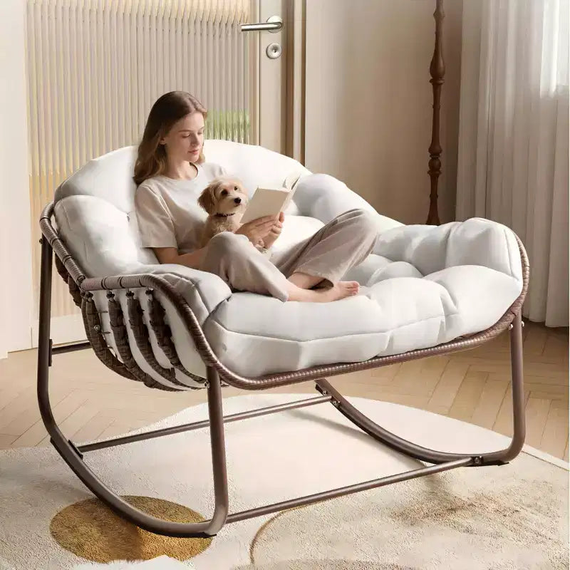Outdoor Rocking Chair, Oversized Patio Egg Chair with Padded Cushion, Rattan Wicker Papasan Rocker for Indoor, Porch, Backyard