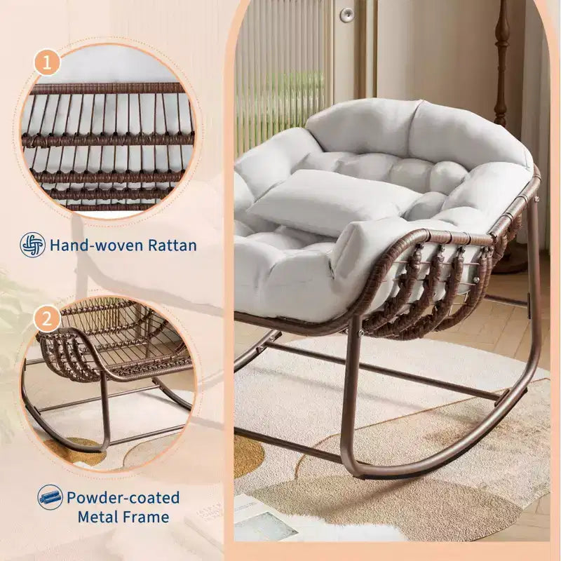 Outdoor Rocking Chair, Oversized Patio Egg Chair with Padded Cushion, Rattan Wicker Papasan Rocker for Indoor, Porch, Backyard