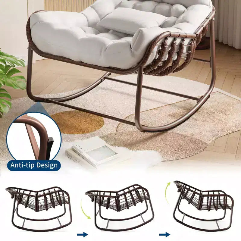 Outdoor Rocking Chair, Oversized Patio Egg Chair with Padded Cushion, Rattan Wicker Papasan Rocker for Indoor, Porch, Backyard