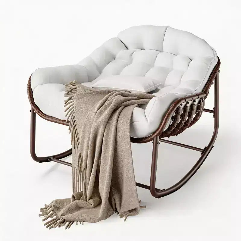 Outdoor Rocking Chair, Oversized Patio Egg Chair with Padded Cushion, Rattan Wicker Papasan Rocker for Indoor, Porch, Backyard