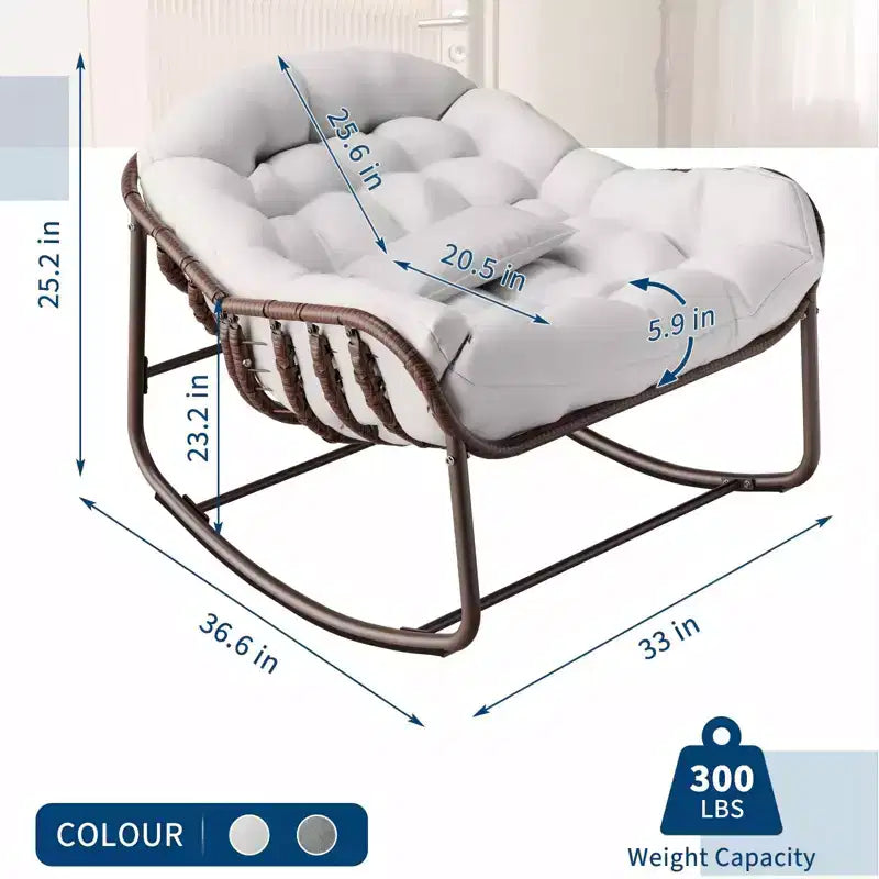 Outdoor Rocking Chair, Oversized Patio Egg Chair with Padded Cushion, Rattan Wicker Papasan Rocker for Indoor, Porch, Backyard