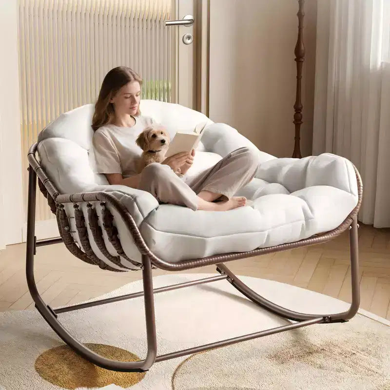 Outdoor Rocking Chair, Oversized Patio Egg Chair with Padded Cushion, Rattan Wicker Papasan Rocker for Indoor, Porch, Backyard