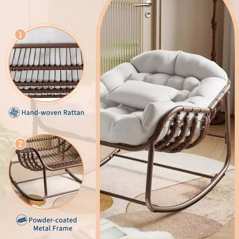 Outdoor Rocking Chair, Oversized Patio Egg Chair with Padded Cushion, Rattan Wicker Papasan Rocker for Indoor, Porch, Backyard