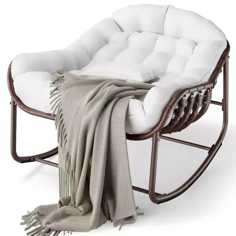 Outdoor Rocking Chair, Oversized Patio Egg Chair with Padded Cushion, Rattan Wicker Papasan Rocker for Indoor, Porch, Backyard