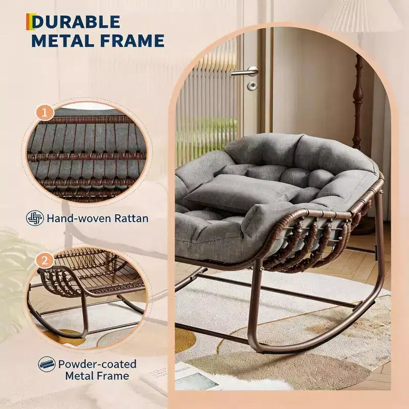 Outdoor Rocking Chair, Oversized Patio Egg Chair with Padded Cushion, Rattan Wicker Papasan Rocker for Indoor, Porch, Backyard