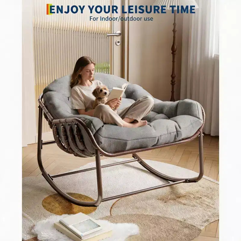Outdoor Rocking Chair, Oversized Patio Egg Chair with Padded Cushion, Rattan Wicker Papasan Rocker for Indoor, Porch, Backyard